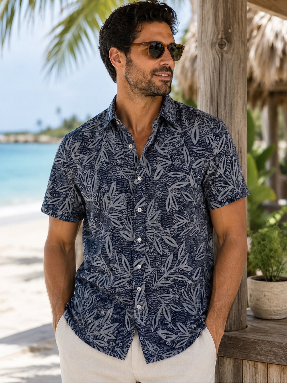 UNTUCKit Linen Tropical Leaf Shirt Medium Slim Fit